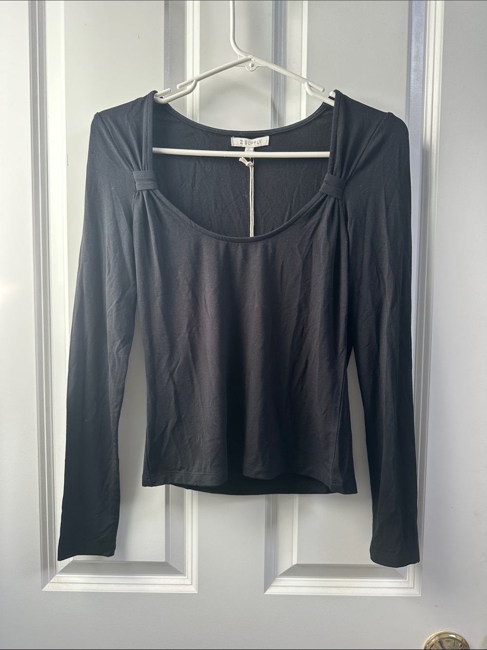 Z Supply Black Long Sleeve Scoop Neck Top with Shoulder Knot Detail